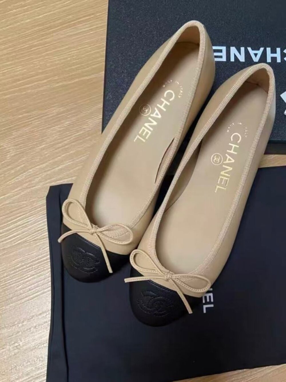Chanel Beige & Black Cap Toe Bow Ballet Flats